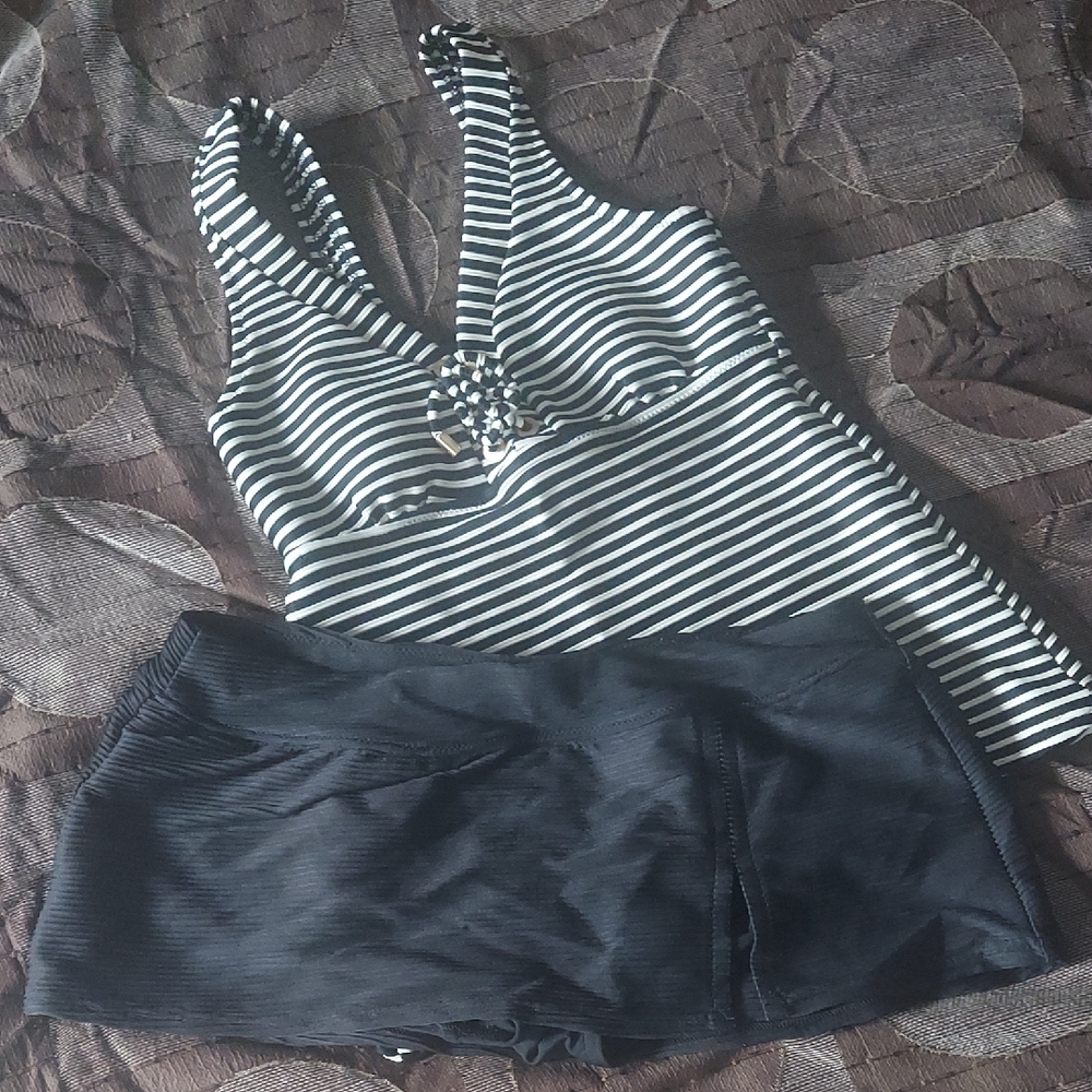 Lands' End Black and White Striped Bikini